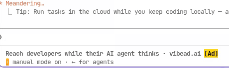 Real capture, beta.25, Claude Code: a bold sponsor line labelled [Ad] in the status line while the agent works